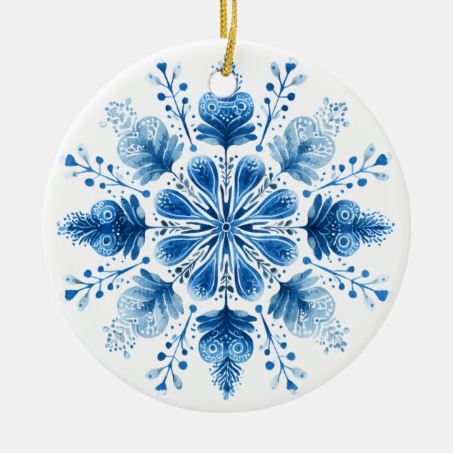 Nordic Bloom Snowflake Ornament | Blue Folk Art Ho (Front)
