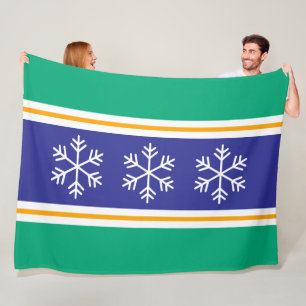 Nordic Blue Green White Stripes Triple Snowflakes Fleece Blanket