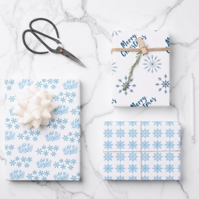 Nordic Blue Merry Christmas Let It Snow Snowflakes Wrapping Paper Sheet (Front)