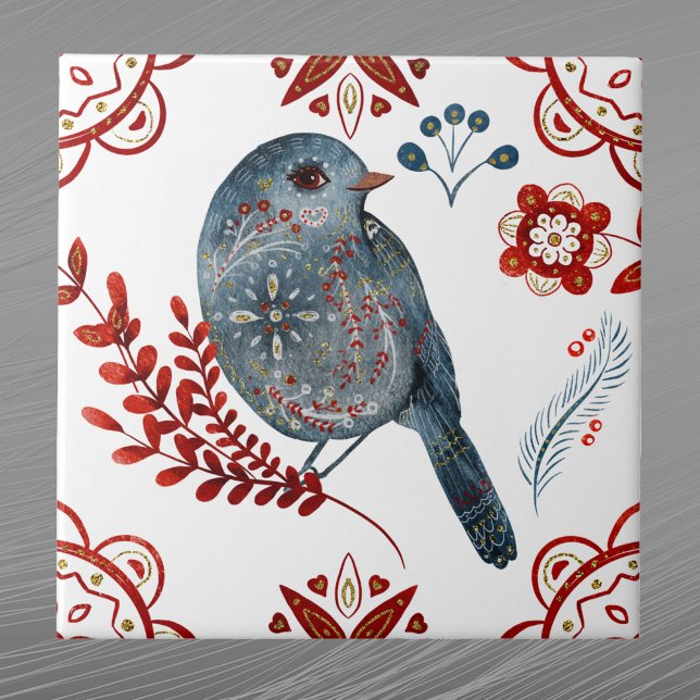 Nordic Blue Songbird Watercolor Folk Art Tile (Creator Uploaded)