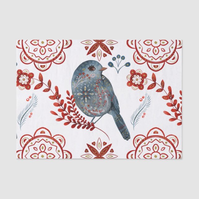Nordic Blue Songbird Watercolor Folk Art Tissue Paper (Front)
