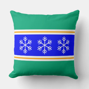 Nordic Bright Blue Green Stripes White Snowflakes Cushion