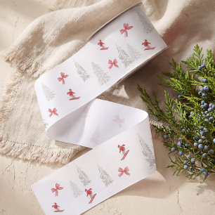 Nordic Christmas Alpine Skiers Red Watercolor Bow Grosgrain Ribbon