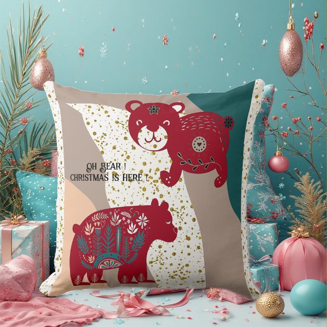 Nordic Christmas Bear Cat Snow Boho Bohemian Art Cushion (Nordic Christmas Bear Cat Snow Boho Bohemian Art Throw Pillow)