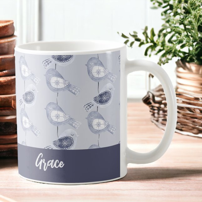 Nordic Christmas Blue Birds Personalised Coffee Mug (Nordic Christmas Blue Birds Personalized Coffee Mugs from Ricaso)