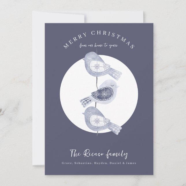 Nordic Christmas Blue Birds Photo Holiday Card (Front)