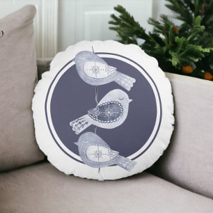 Nordic Christmas Blue Birds Round Cushion