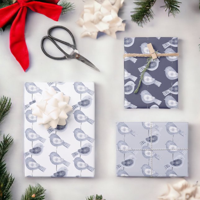 Nordic Christmas Blue Birds Wrapping Paper Sheet (Blue and white Nordic Christmas bird wrapping papers from Ricaso)