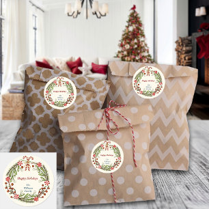 Nordic Christmas Candy Cane Wreath Custom Name Classic Round Sticker