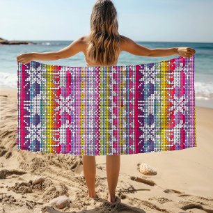 Nordic Christmas Colourful Winter Knitted Pattern Beach Towel