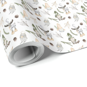Nordic Christmas Holiday Festive Gnomes and Moose  Wrapping Paper