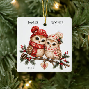 Nordic Christmas Owl Couple Scandinavian Winter Ceramic Ornament