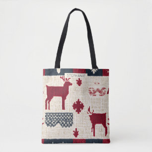 Nordic Christmas Patchwork Knitted Reindeer (2) Tote Bag