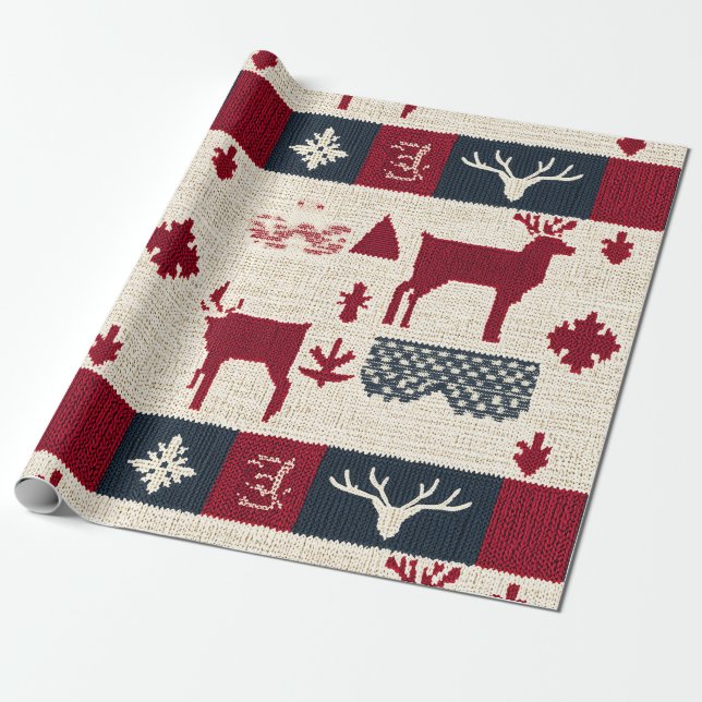 Nordic Christmas Patchwork | Knitted Reindeer (2) Wrapping Paper (Unrolled)