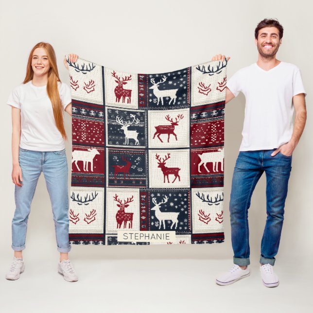 Nordic Christmas Patchwork | Knitted Reindeer Fleece Blanket (In Situ)