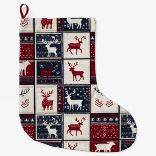 Nordic Christmas Patchwork Knitted Reindeer Large Christmas Stocking