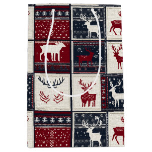 Nordic Christmas Patchwork Knitted Reindeer Medium Gift Bag