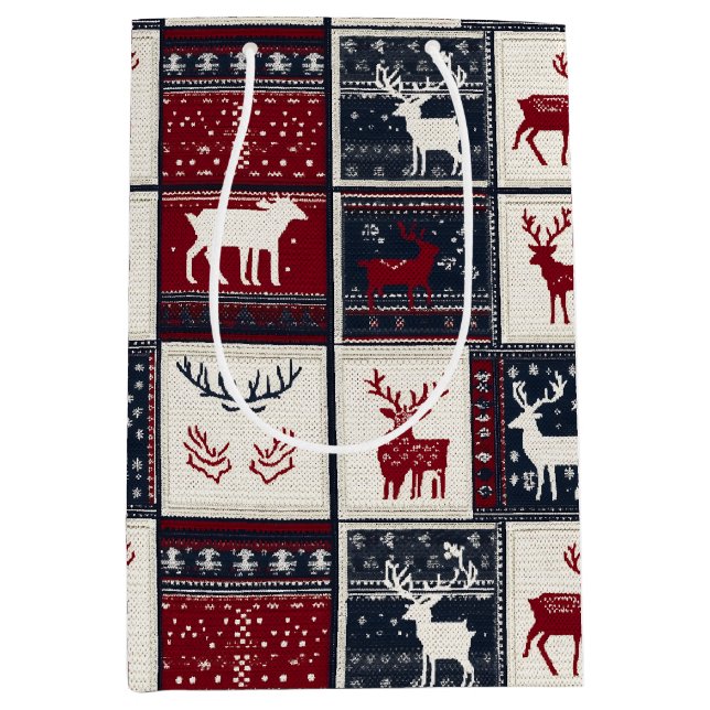 Nordic Christmas Patchwork | Knitted Reindeer Medium Gift Bag (Front)