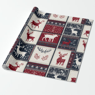Nordic Christmas Patchwork Knitted Reindeer Wrapping Paper