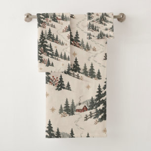 Nordic Christmas Snowy Forest Red Cabin Pattern Bath Towel Set