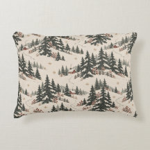 Nordic Christmas Snowy Forest Red Cabin Pattern