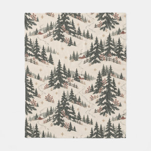 Nordic Christmas Snowy Forest Red Cabin Pattern Fleece Blanket