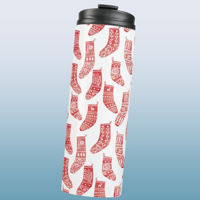 Nordic Christmas Stocking Thermal Tumbler (Nordic Stockings red and white Scandinavian festive Christmas pattern water bottle)