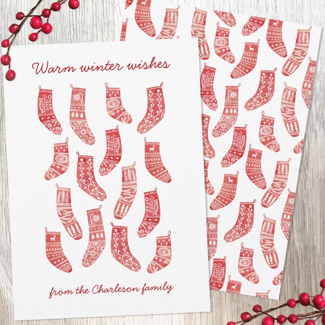 Nordic Christmas Stockings Christmas Holiday Card (Nordic Scandinavian red and white Christmas stockings holiday card)