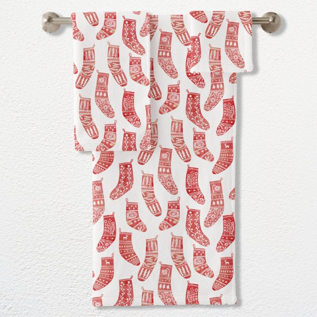 Nordic Christmas Stockings Red and White Pattern Bath Towel Set (Nordic Stockings red and white Scandinavian festive Christmas pattern towel set)