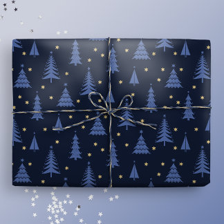 Nordic Cobalt Blue Christmas Trees Dark Wrapping Paper