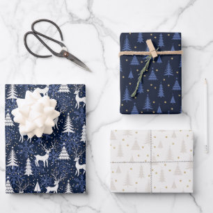 Nordic Crystal Cobalt Blue Christmas Deer Wrapping Paper Sheet