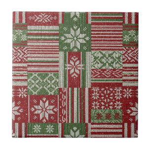 Nordic Fair Isle Christmas Red Green Knit Tile