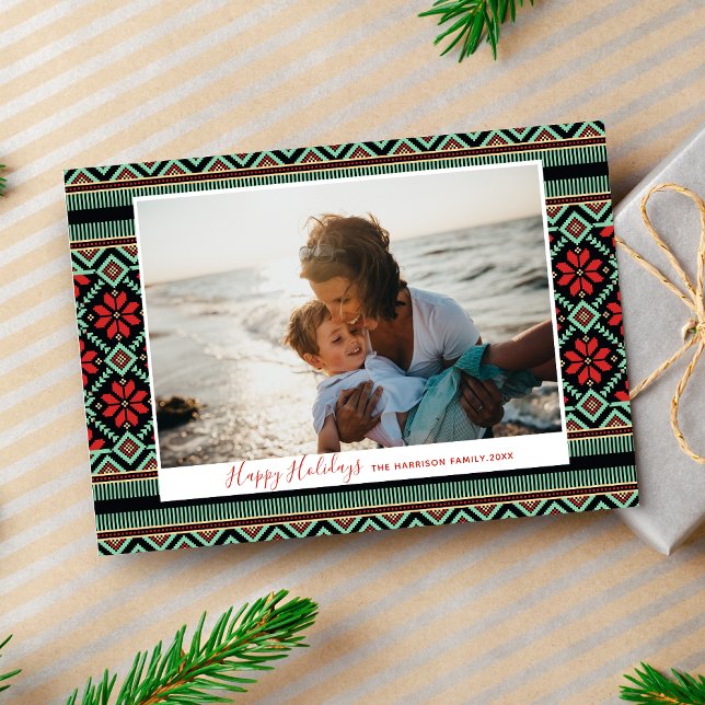 Nordic Floral Poinsettia Happy Holidays Photo Holiday Card (Creator Uploaded)