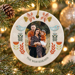 Nordic Folk Art Christmas Photo Ceramic Tree Decoration