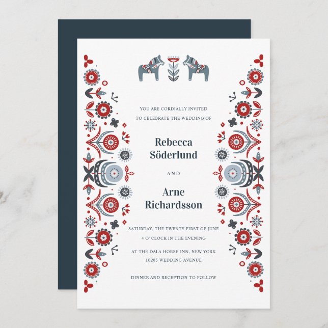 Nordic Folk Art Dala Horse Scandinavian Wedding Invitation (Front/Back)