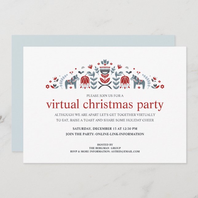 Nordic Folk Art Dala Horse Virtual Christmas Party Holiday Card (Front/Back)