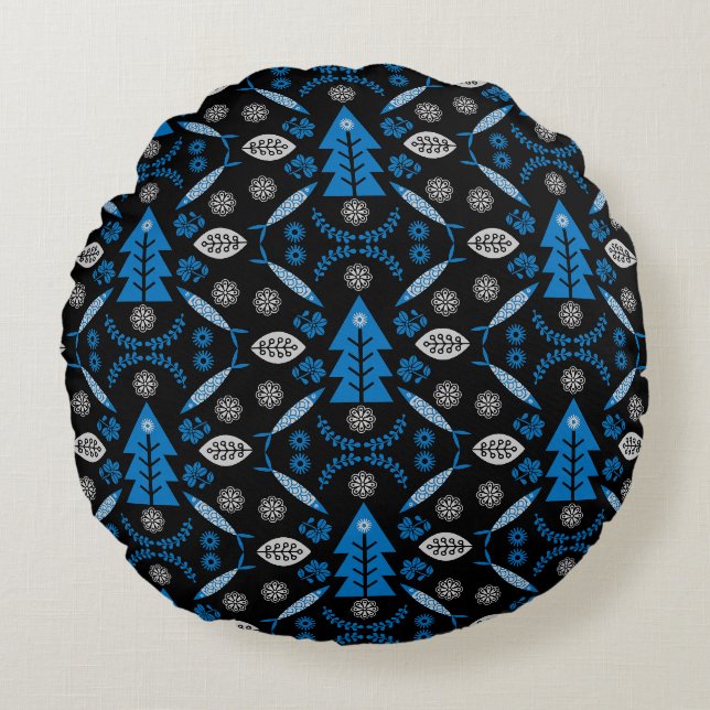 Nordic Folk Art Fish Round Cushion (Front)