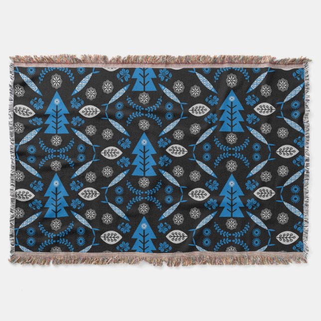 Nordic Folk Art Fish Throw Blanket (Front)
