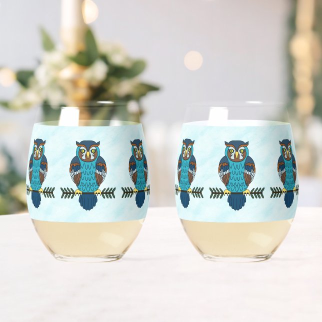 Nordic Folk Art Owl  Stemless Wine Glass (Insitu (Wedding))