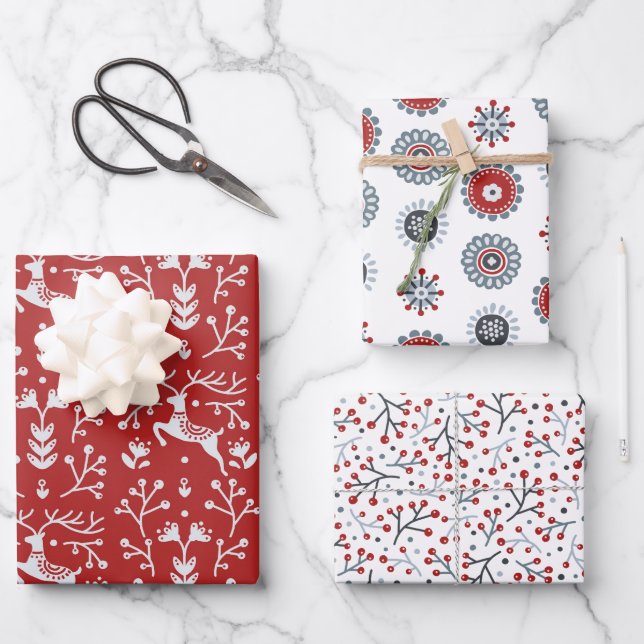 Nordic Folk Art Red Reindeer Antlers and Branches  Wrapping Paper Sheet (Front)