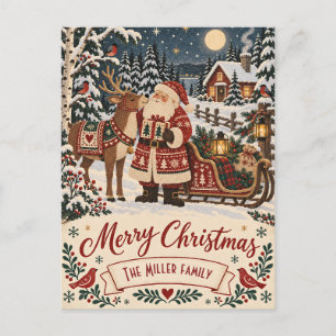 Nordic Folk Art Santa & Reindeer Custom Christmas Holiday Postcard