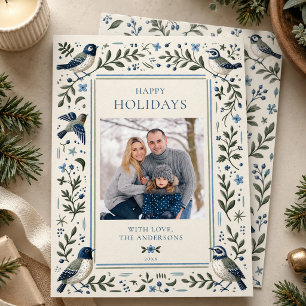 Nordic Folk Art Winter Bird Botanical Family Photo Holiday Card