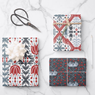 Nordic Folk Branches and Flowers red blue Wrapping Paper Sheet