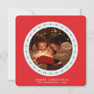 Nordic Folk Floral Red 2 Photo Square Christmas Holiday Card