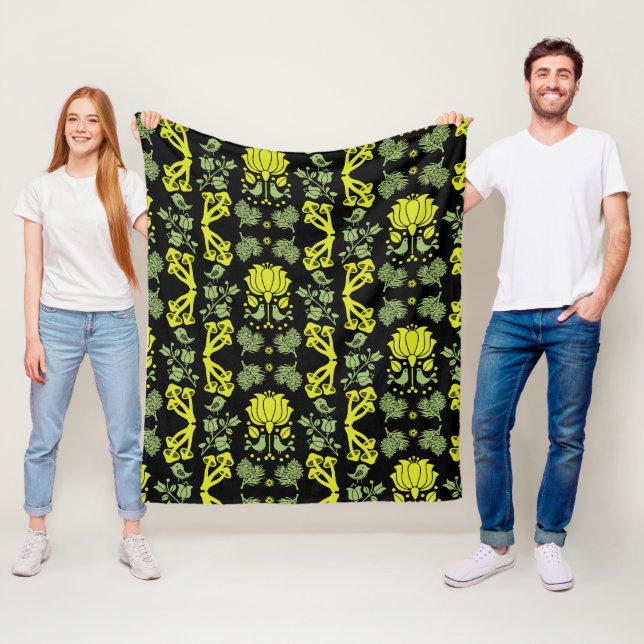 Nordic Forest Mushroom Folk Art Fleece Blanket (In Situ)