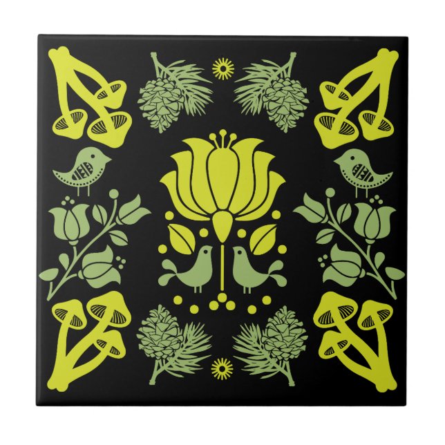 Nordic Forest Mushroom Folk Art Tile (Front)