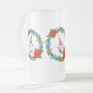 Nordic Gnomes and Skier Within Christmas Wreaths Frosted Glass Beer Mug
