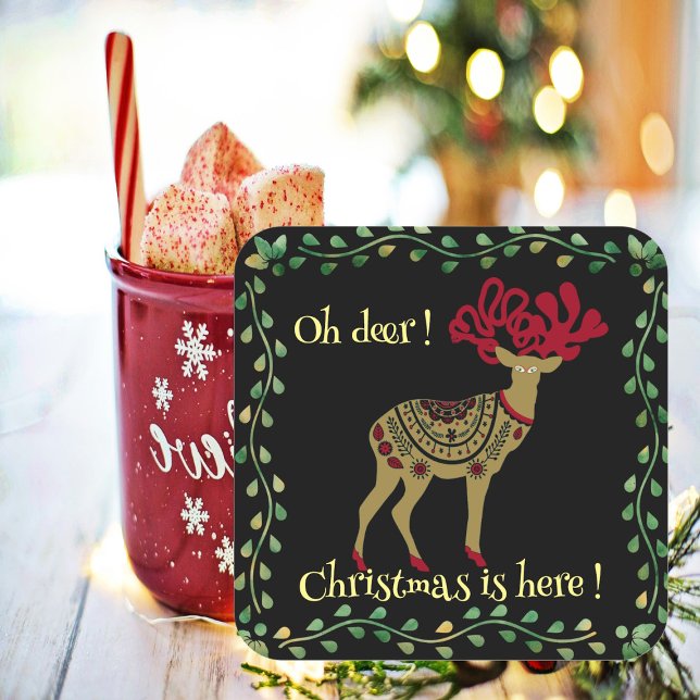 Nordic Gold Reindeer Green Frame Christmas Quote  Square Sticker (Nordic Gold Reindeer Green Frame Christmas Quote Square Sticker)