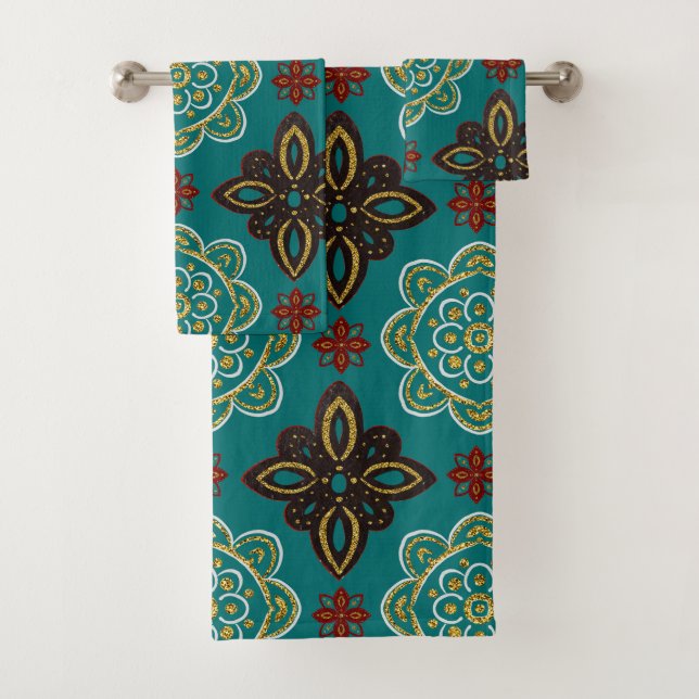 Nordic Gold Teal Scandinavian Graphic Bath Towel Set (Insitu)