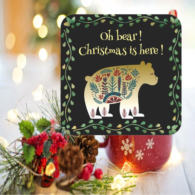 Nordic Golden Bear Green Frame Christmas Quote  Square Sticker (Nordic Golden Bear Green Frame Christmas Quote Square Sticker)